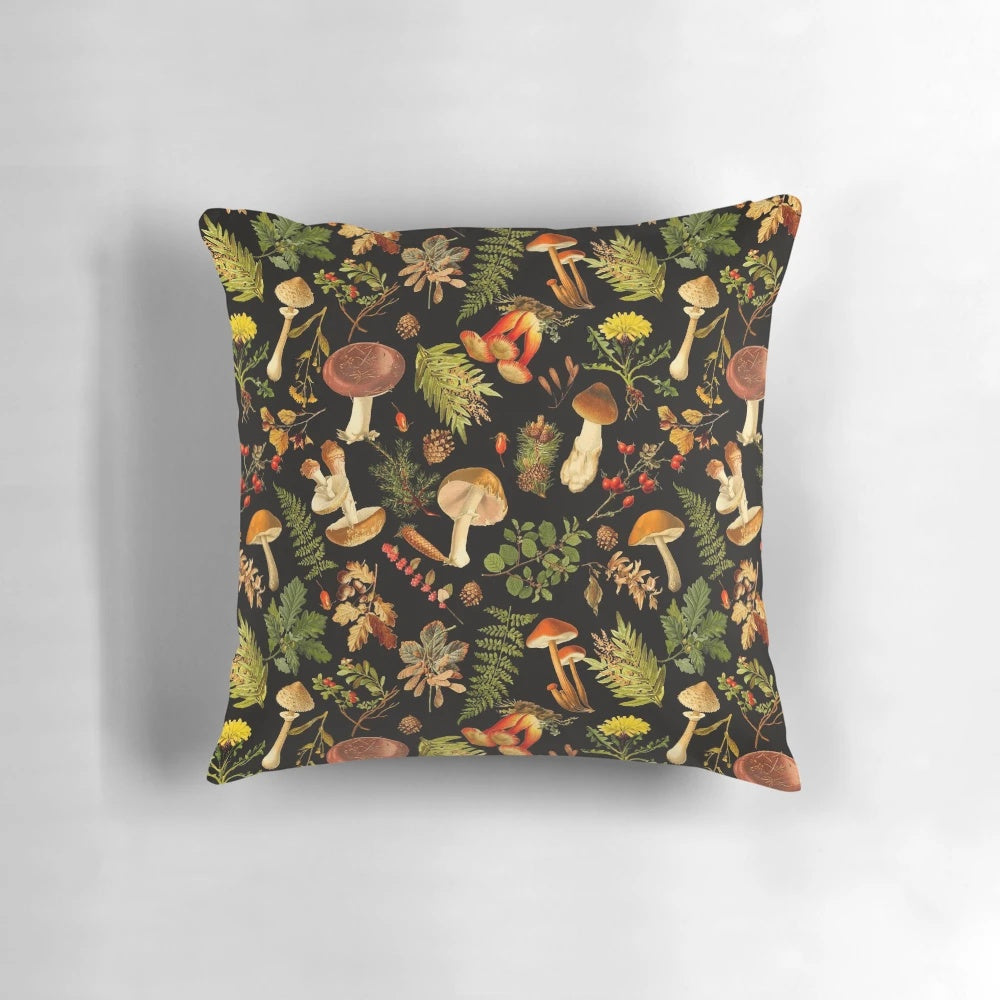 Vintage botanical night garden pillow with a mushroom and forest pattern on a black background