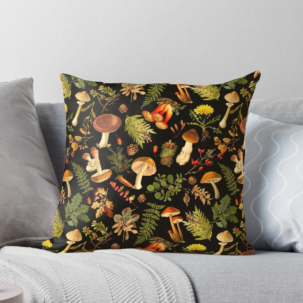 Vintage botanical night garden pillow with a mushroom and forest pattern on a black background