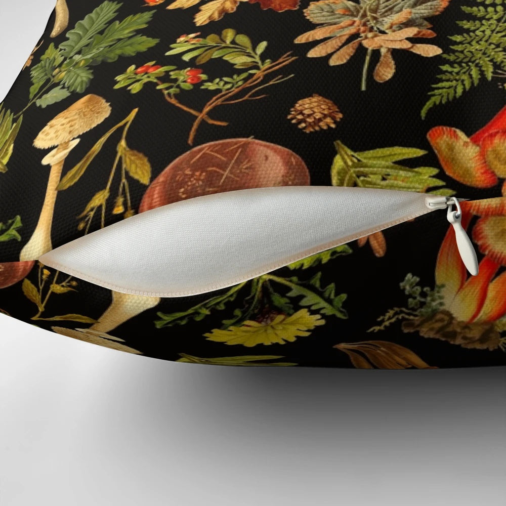 Vintage botanical night garden pillow with a mushroom and forest pattern on a black background