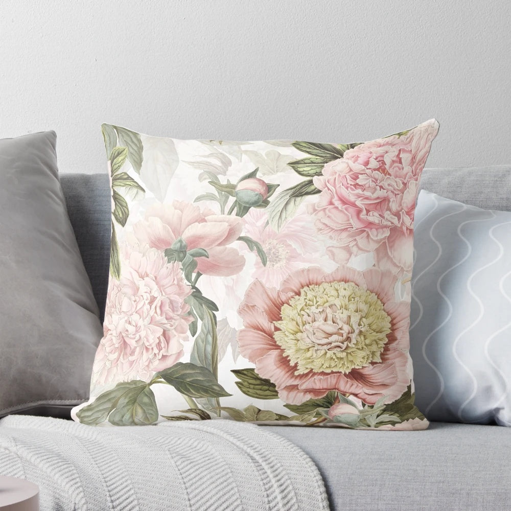 Vintage botanical pattern featuring blush peony flowers in a lush garden setting.