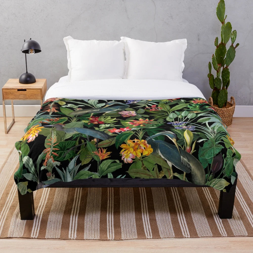 Vintage botanical plush blanket with blue heron and tropical flowers