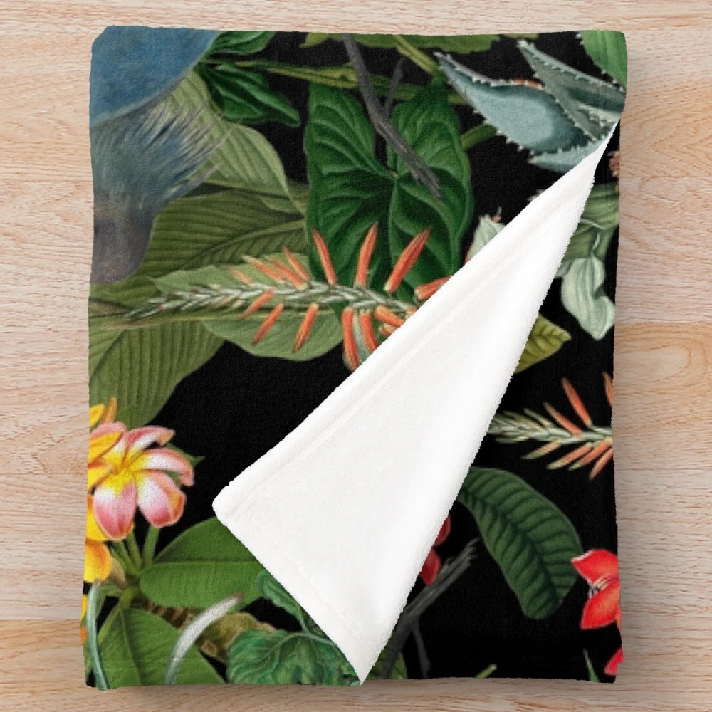 Vintage botanical plush blanket with blue heron and tropical flowers