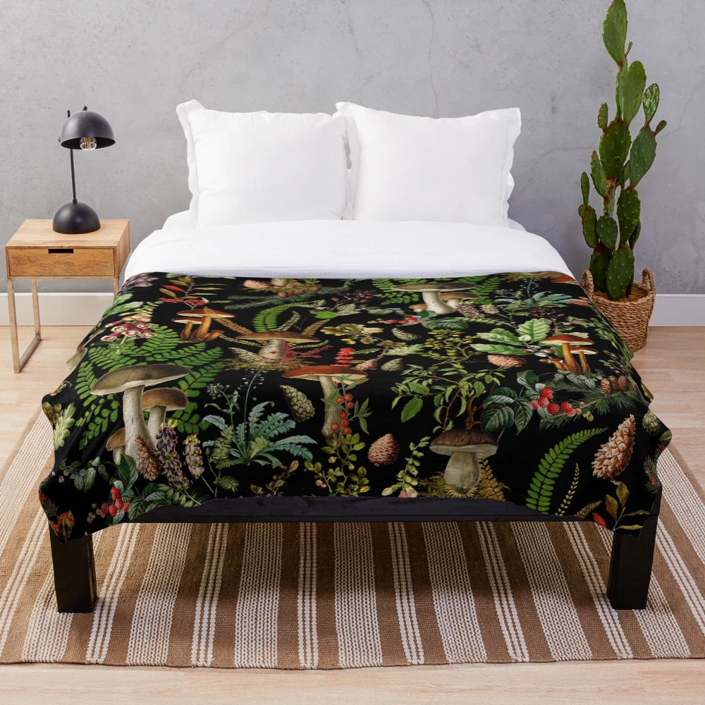 Vintage botanical plush blanket with midnight mushroom forest pattern