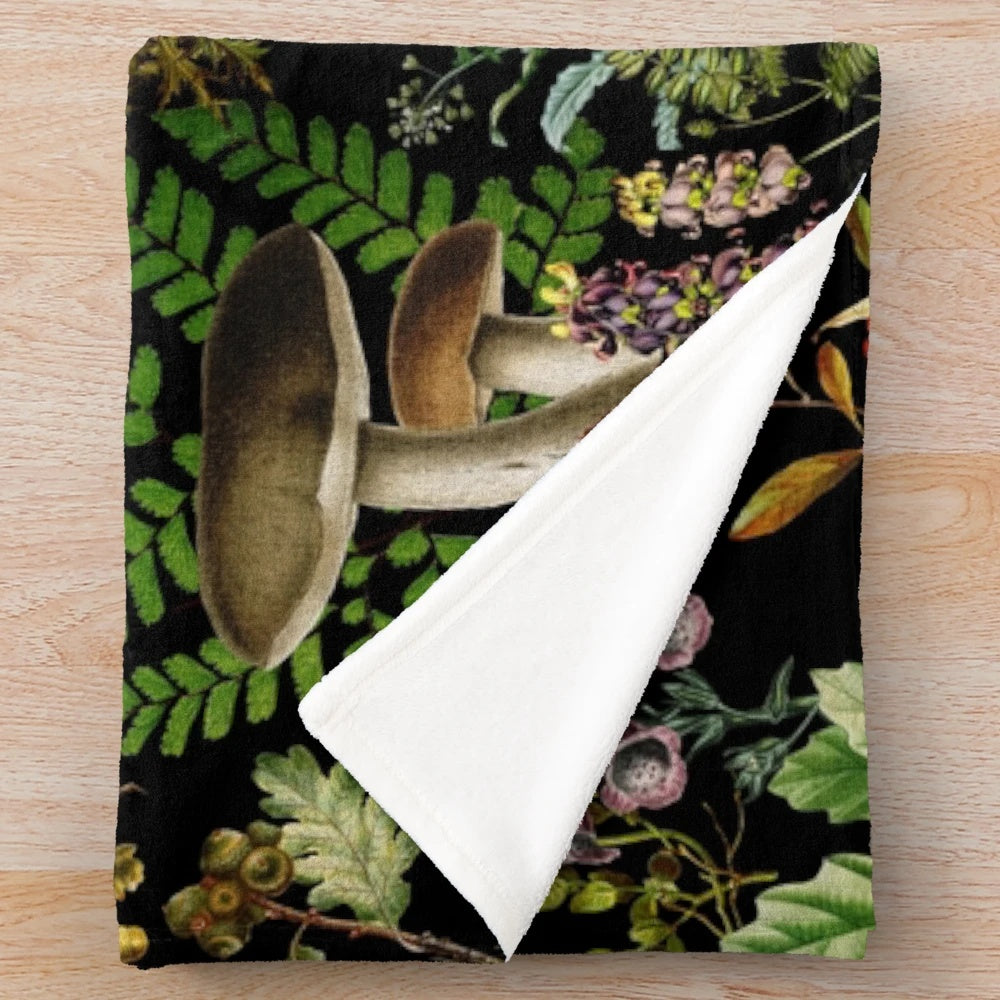 Vintage botanical plush blanket with midnight mushroom forest pattern