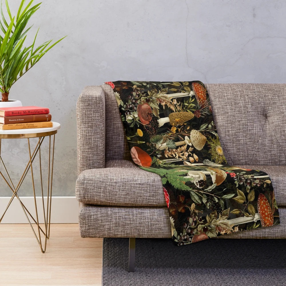 Vintage botanical plush blanket with colorful mushroom pattern design