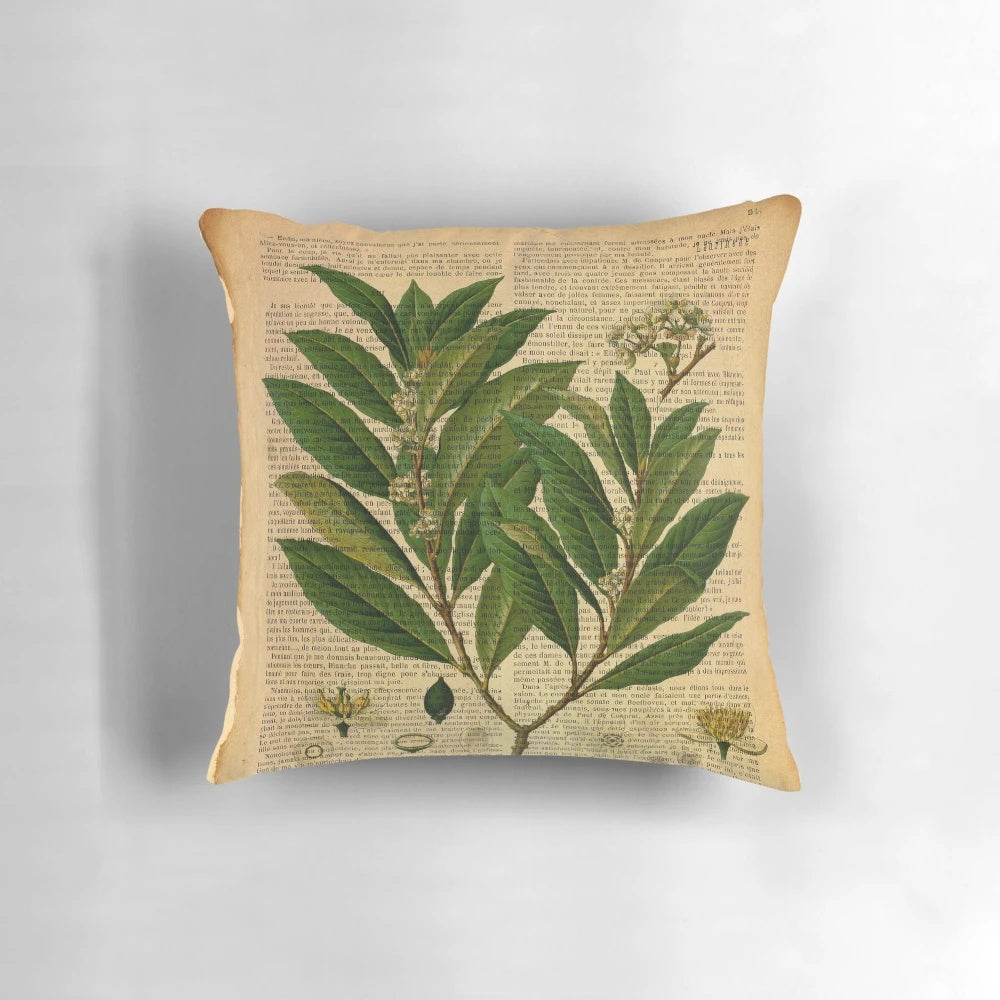 Vintage botanical print on distressed old book page decorative throw pillow