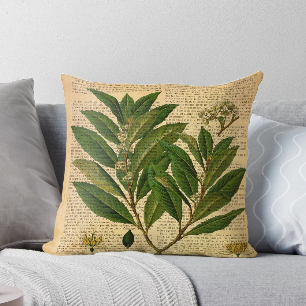Vintage botanical print on distressed old book page decorative throw pillow