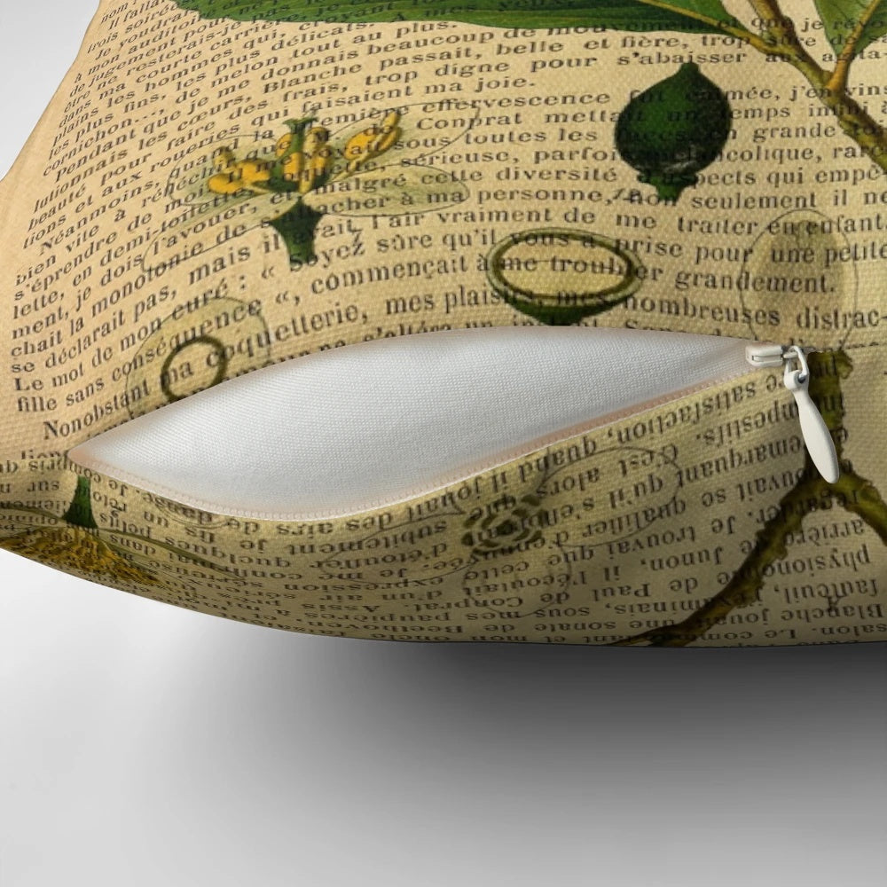 Vintage botanical print on distressed old book page decorative throw pillow