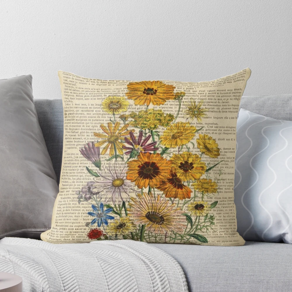 Botanical print of garden flowers on an old, aged book page decorative throw pillow