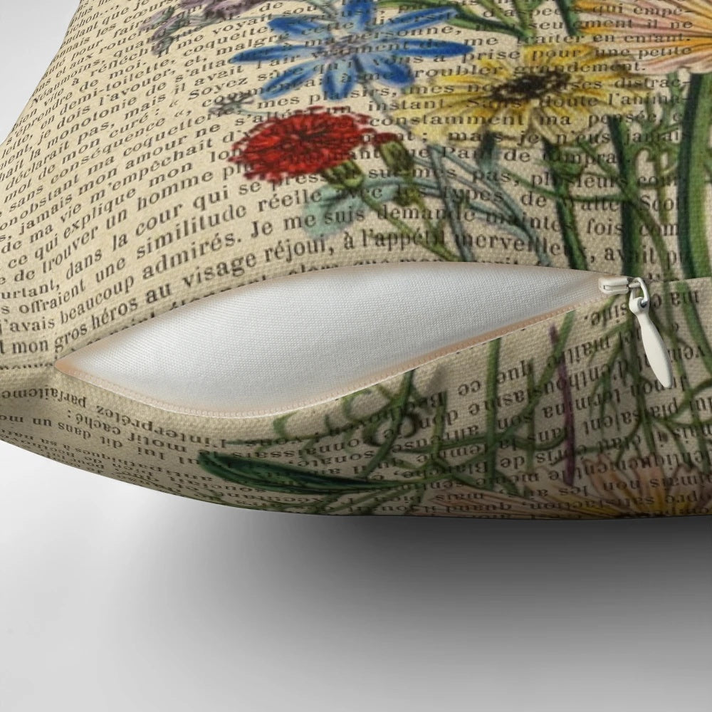 Botanical print of garden flowers on an old, aged book page decorative throw pillow