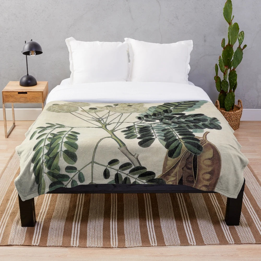 Vintage botanical print plush blanket with acacia plant and tropical leaves