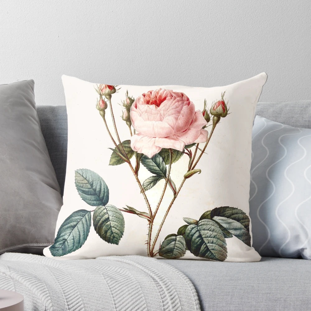 Vintage-style botanical rose pillow with Redoute-inspired floral design