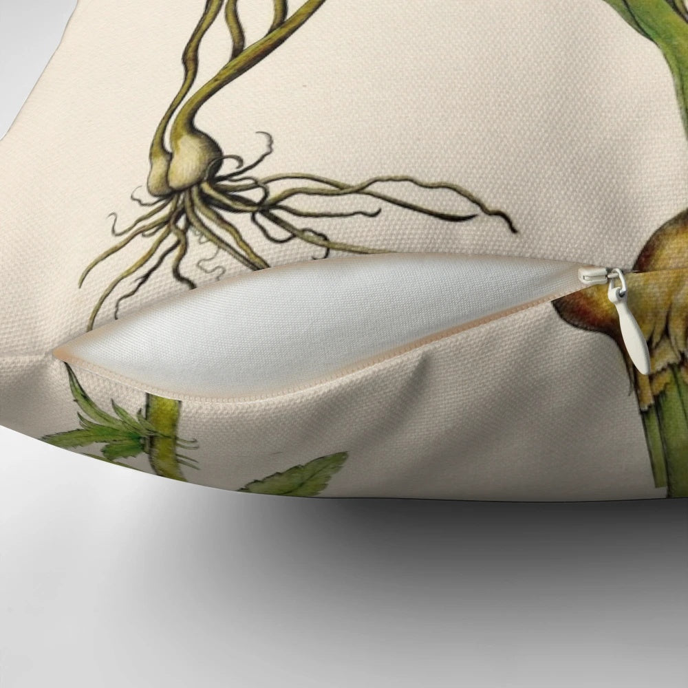 A vintage-inspired botanical study pillow featuring a painterly illustration of flowers including allium, hyacinth, and viola.