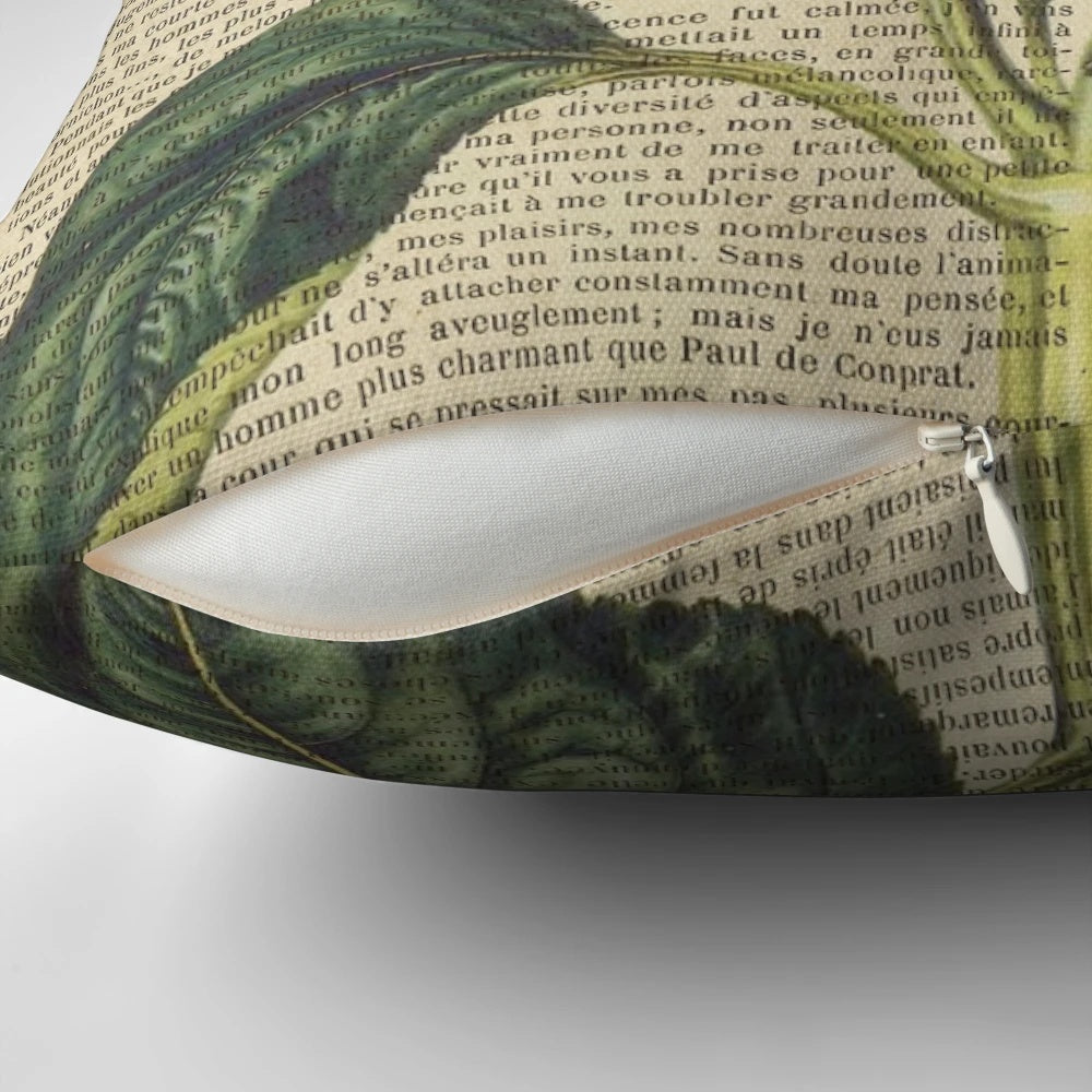 Vintage botanical sunflower print on aged book page pillow