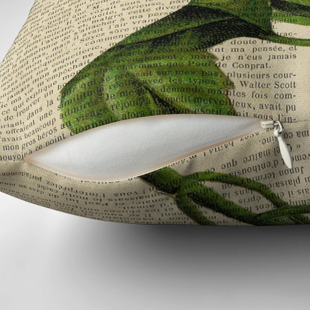 Vintage botanical sunflower print on an aged book page, decorative throw pillow