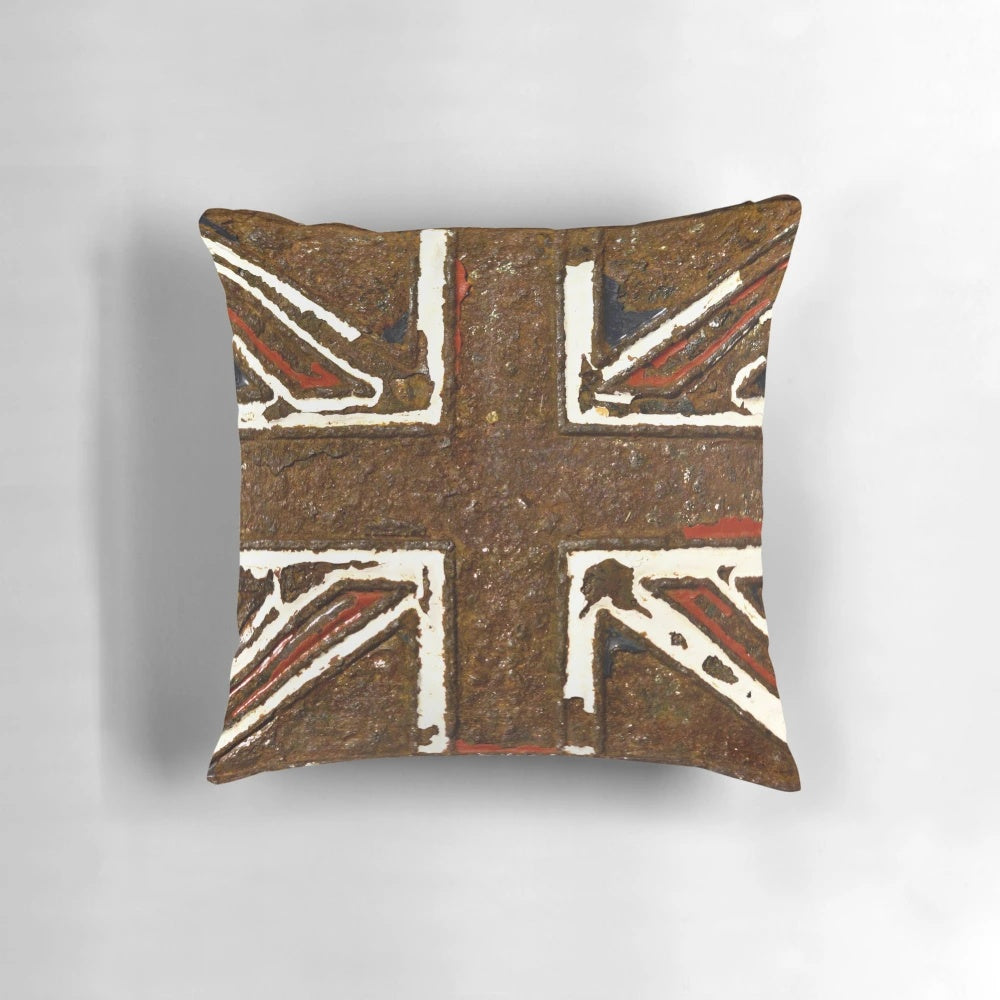 Close-up photography of a weathered and rusted Union Jack flag design on a pillow