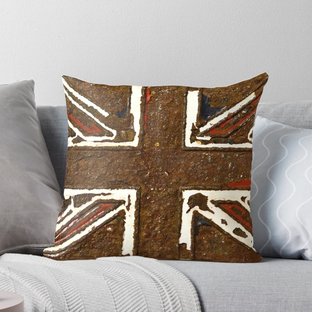 Close-up photography of a weathered and rusted Union Jack flag design on a pillow