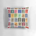 Pillow featuring a vintage British postage stamp design with the profile of Queen Elizabeth