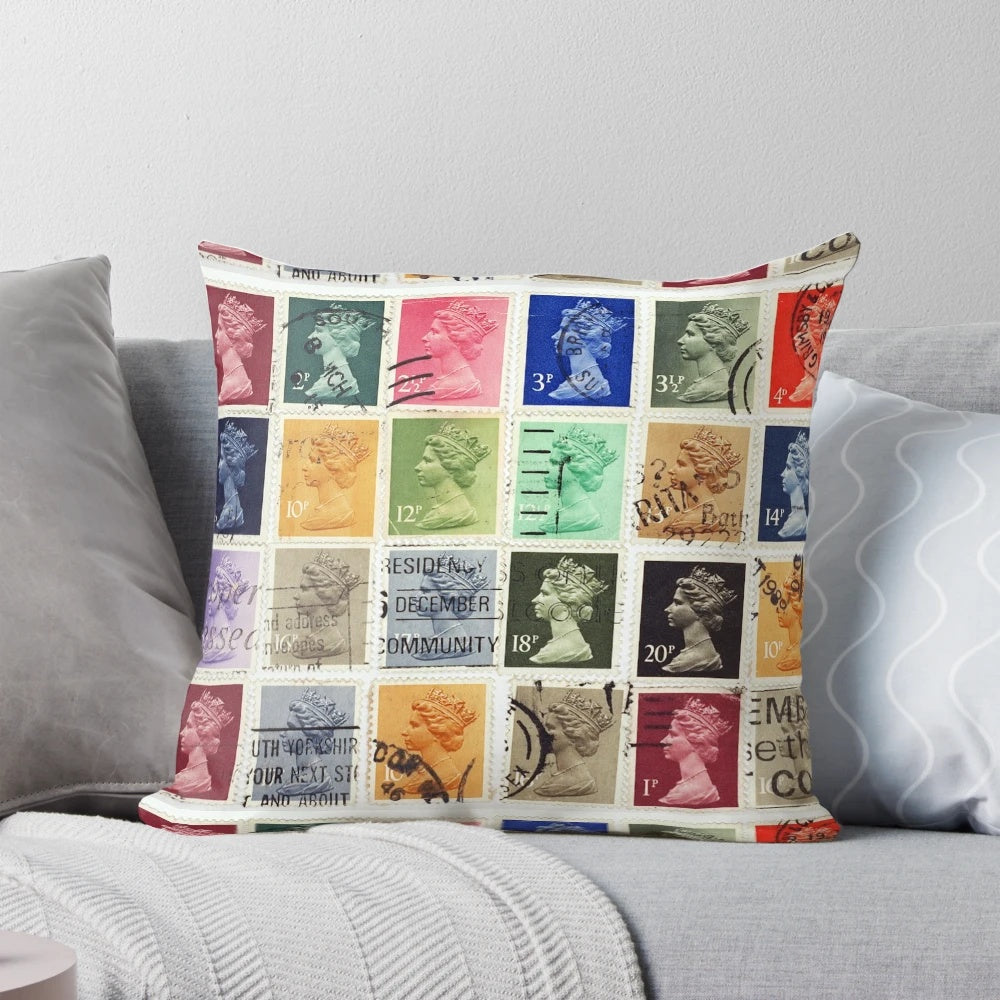 Pillow featuring a vintage British postage stamp design with the profile of Queen Elizabeth