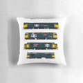 Soft, plush pillow featuring a collage of vintage British Rail diesel locomotives from the 1980s