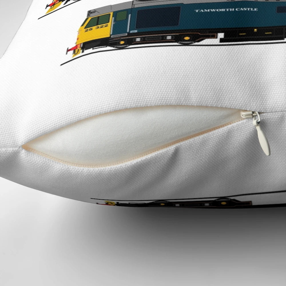 Soft, plush pillow featuring a collage of vintage British Rail diesel locomotives from the 1980s