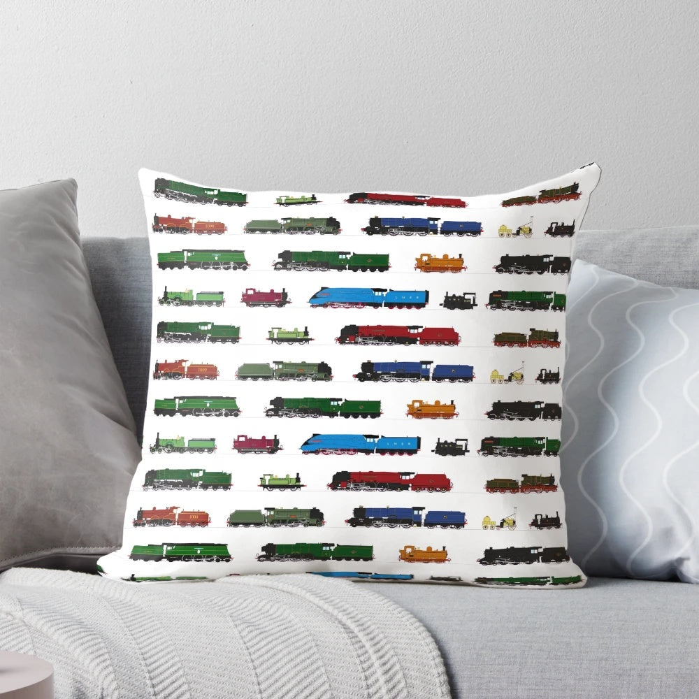 Iconic vintage British steam locomotive pillow, featuring classic train designs.