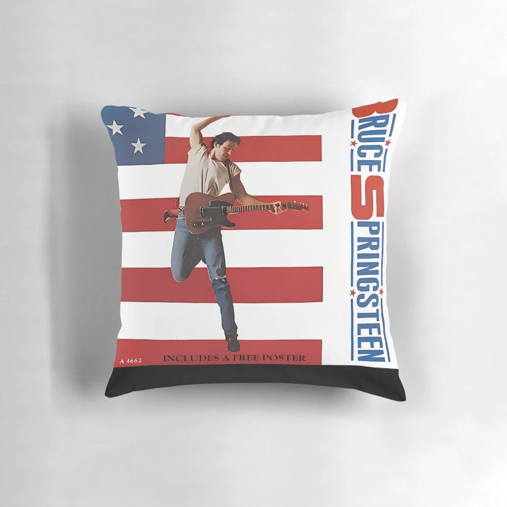 Vintage-style Bruce Springsteen pillow featuring the iconic rock artist's artwork and logo