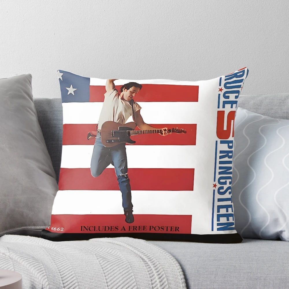 Vintage-style Bruce Springsteen pillow featuring the iconic rock artist's artwork and logo