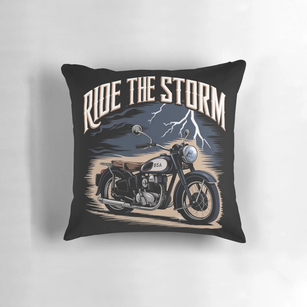 Vintage BSA motorcycle logo pillow with a classic British biker riding through the storm