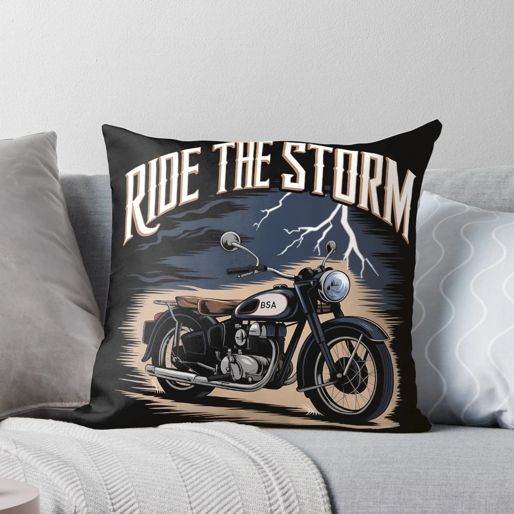 Vintage BSA motorcycle logo pillow with a classic British biker riding through the storm