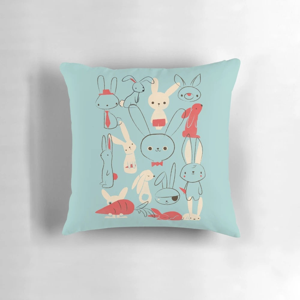 Fluffy vintage-inspired bunnies pillow with carrots