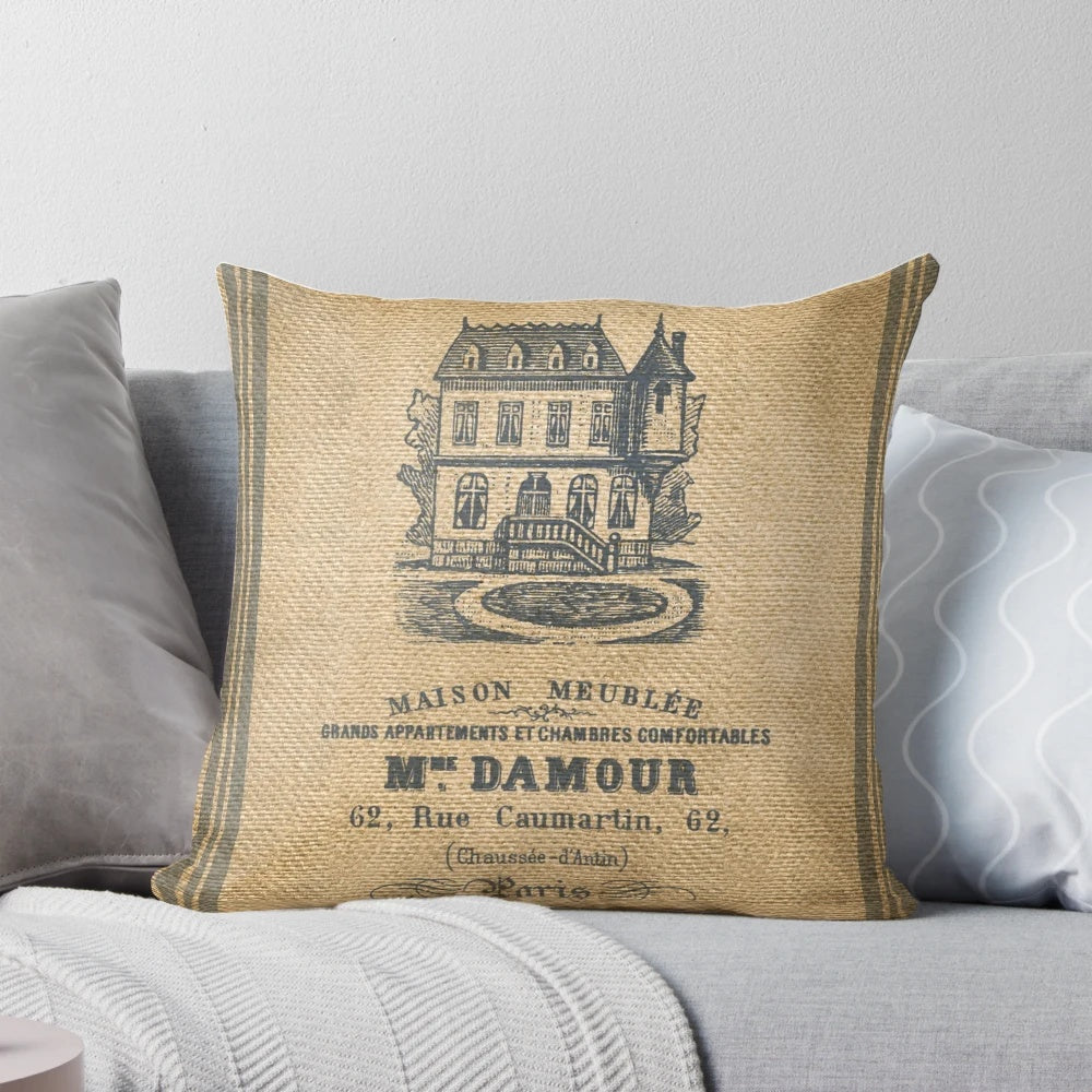 Vintage burlap French country farmhouse design throw pillow for rustic home decor