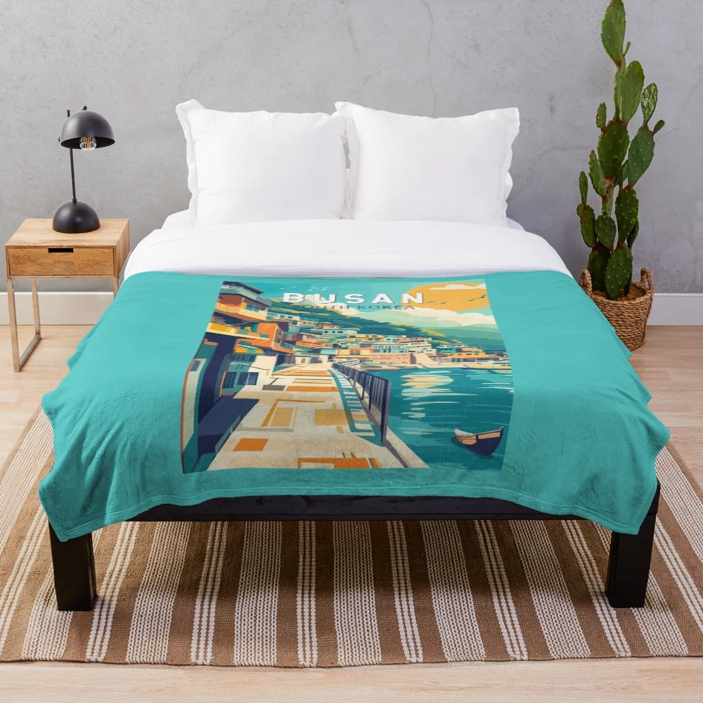 Vintage Busan South Korea Travel Art Plush Blanket