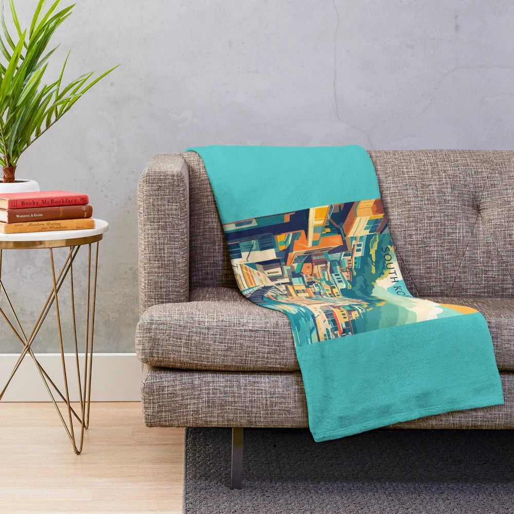 Vintage Busan South Korea Travel Art Plush Blanket