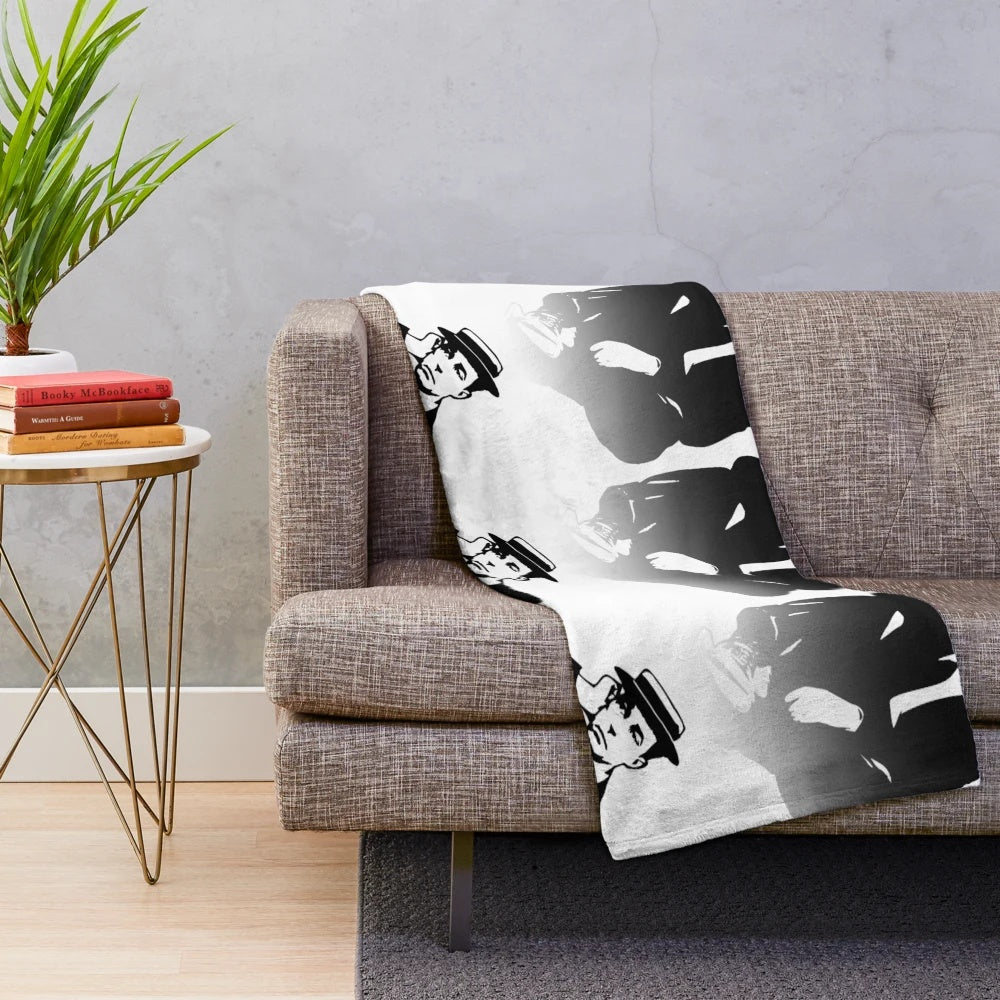 Buster Keaton inspired plush blanket with black and white silhouette design