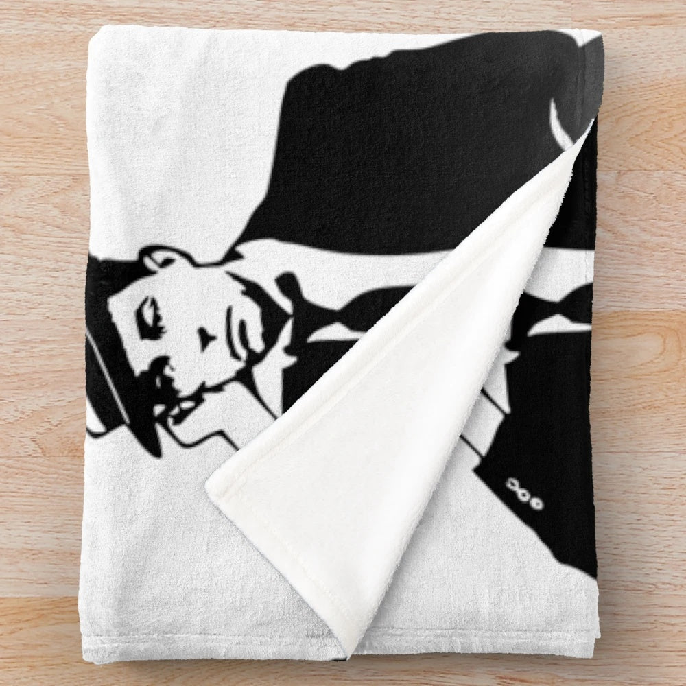 Buster Keaton inspired plush blanket with black and white silhouette design