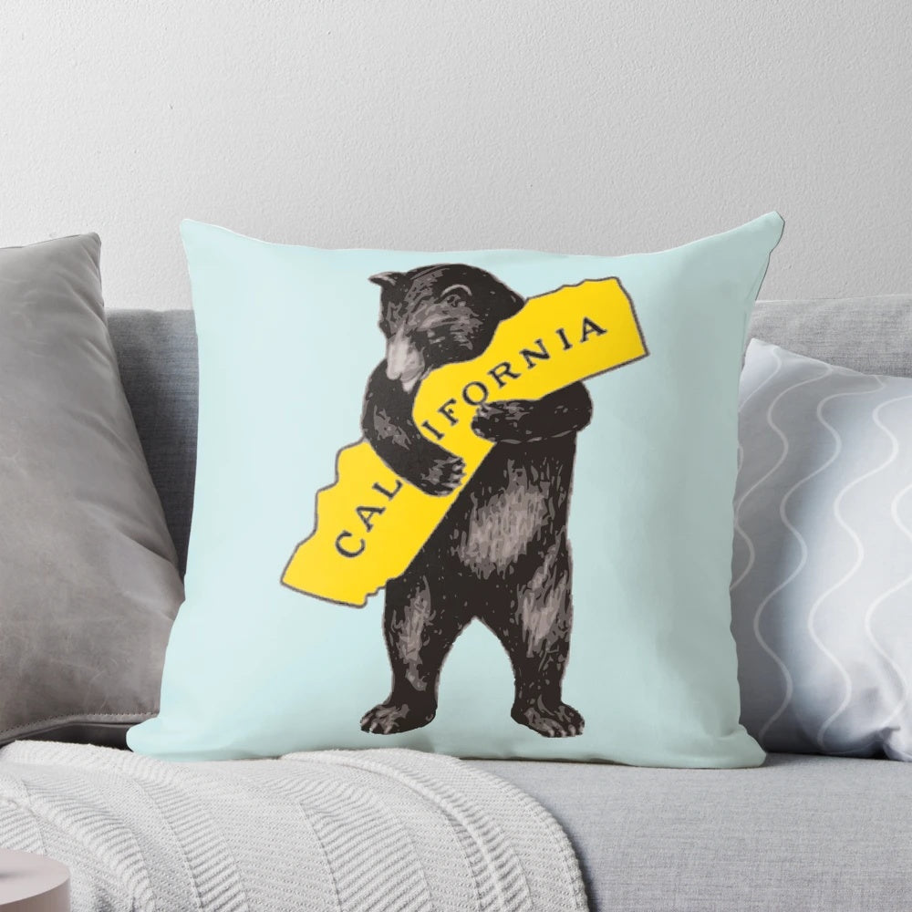 Vintage California bear hug illustration on a soft, plush pillow