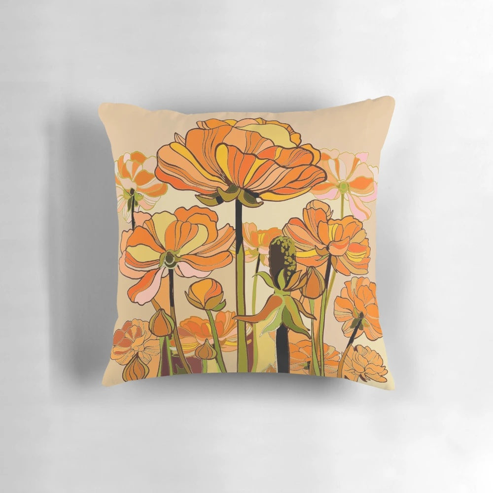 Vibrant orange vintage-inspired California poppies printed on a soft, plush pillow for a 70s retro boho look.