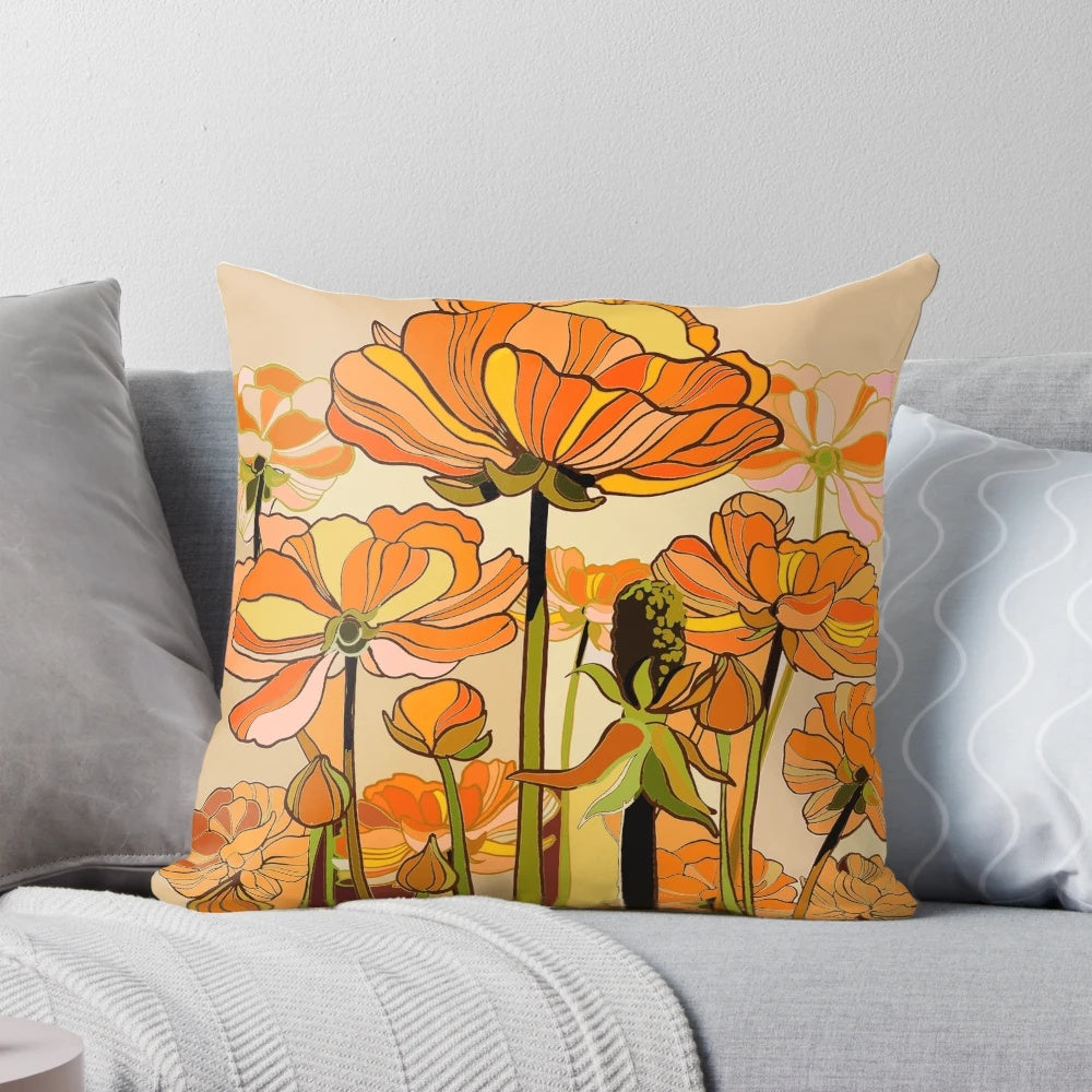 Vibrant orange vintage-inspired California poppies printed on a soft, plush pillow for a 70s retro boho look.