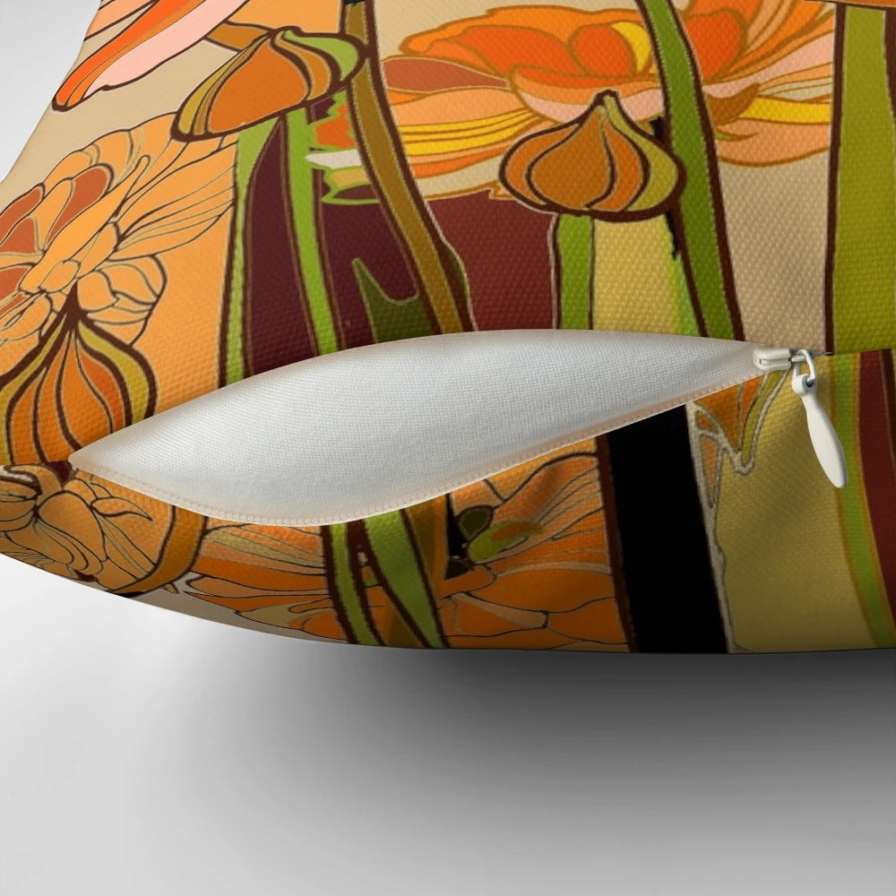 Vibrant orange vintage-inspired California poppies printed on a soft, plush pillow for a 70s retro boho look.