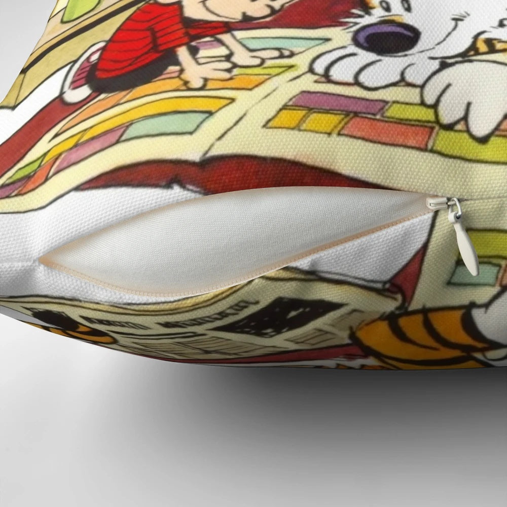 Vintage Calvin and Hobbes comic strip-inspired throw pillow with characters Calvin and Hobbes