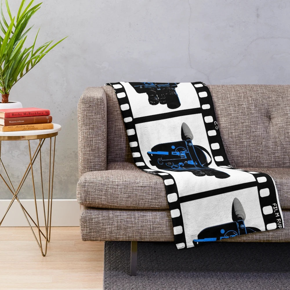 Vintage camera and film strip plush blanket for movie lovers