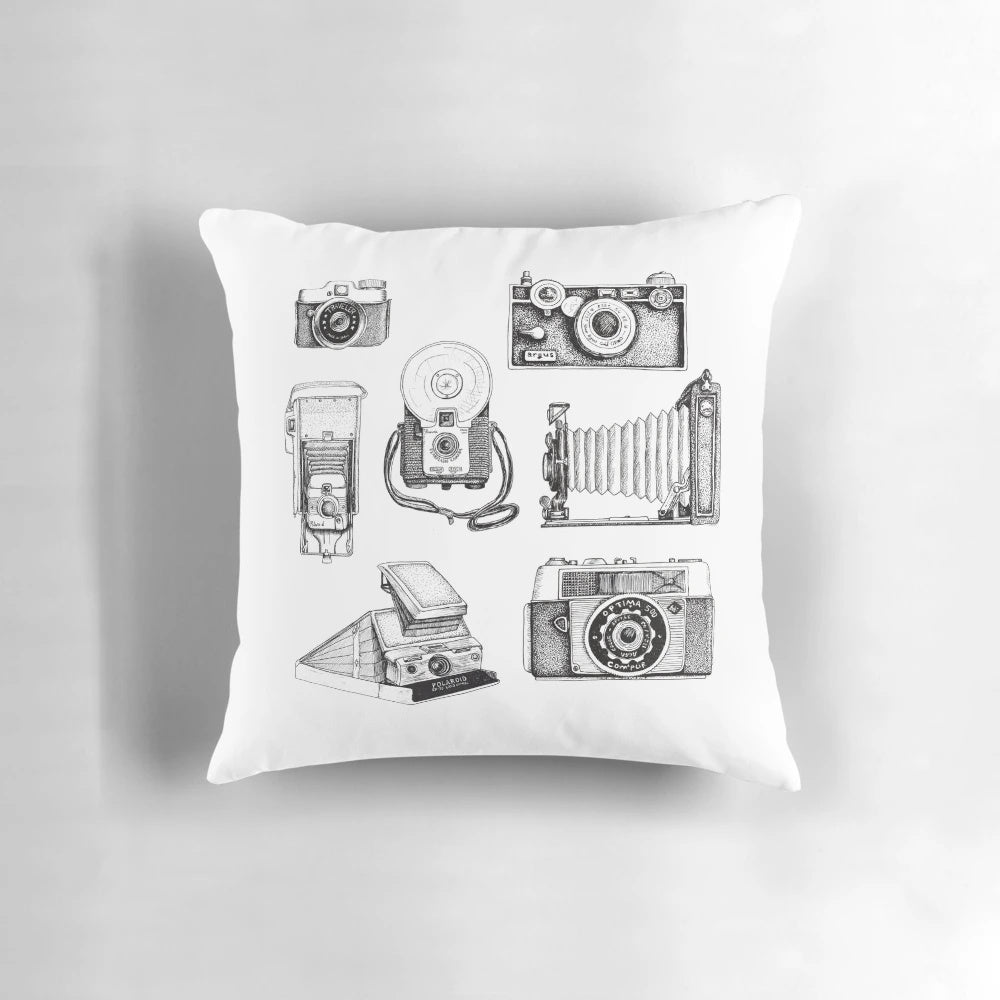 Vintage camera collection decorative throw pillow featuring pen and ink black and white photography