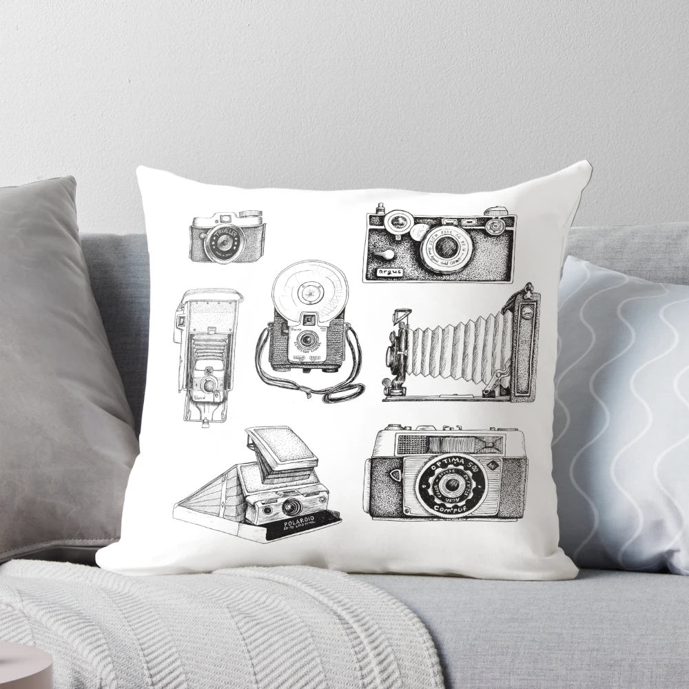 Vintage camera collection decorative throw pillow featuring pen and ink black and white photography