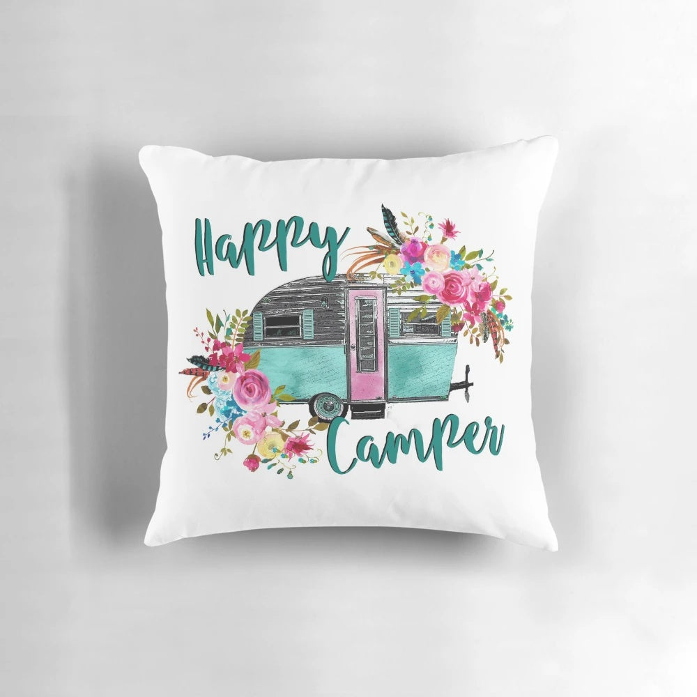 Vintage camping trailer pillow with a retro Shasta camper design, perfect for camper decor and gifts for camping enthusiasts.