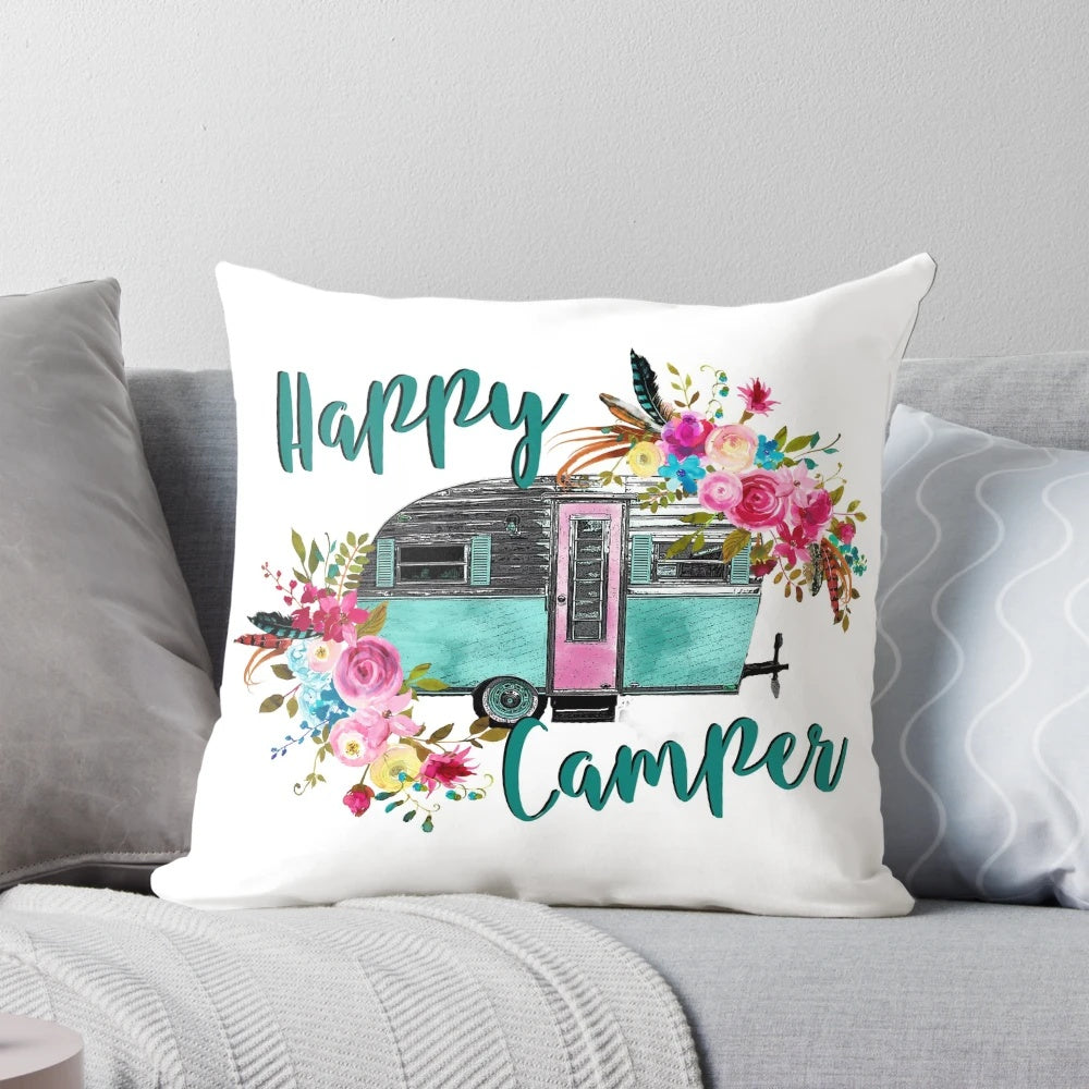 Vintage camping trailer pillow with a retro Shasta camper design, perfect for camper decor and gifts for camping enthusiasts.