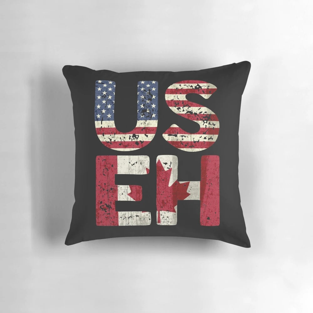 Vintage-style distressed Canada and American flag design on a soft, comfortable pillow.