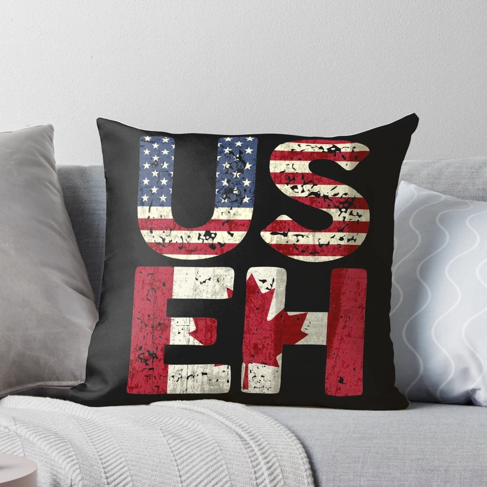 Vintage-style distressed Canada and American flag design on a soft, comfortable pillow.