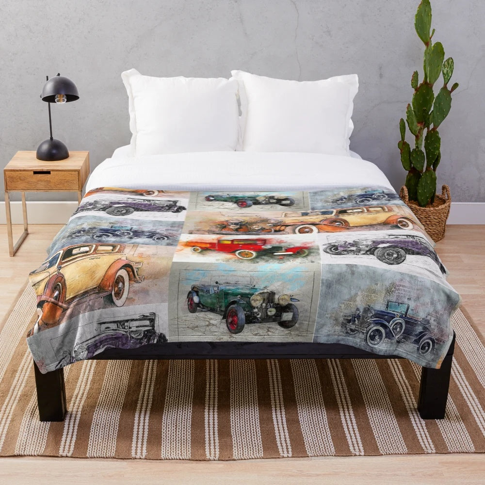 Vintage car montage plush blanket