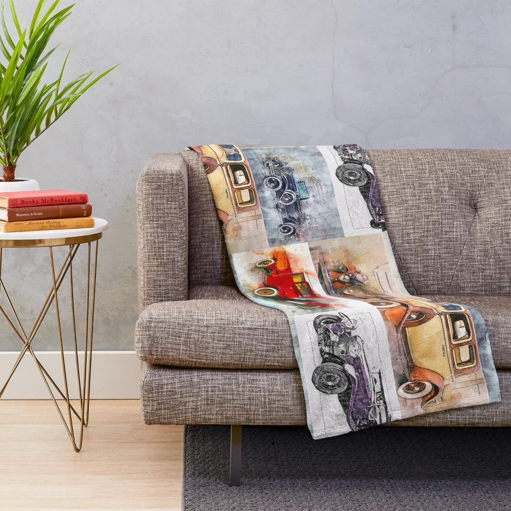 Vintage car montage plush blanket